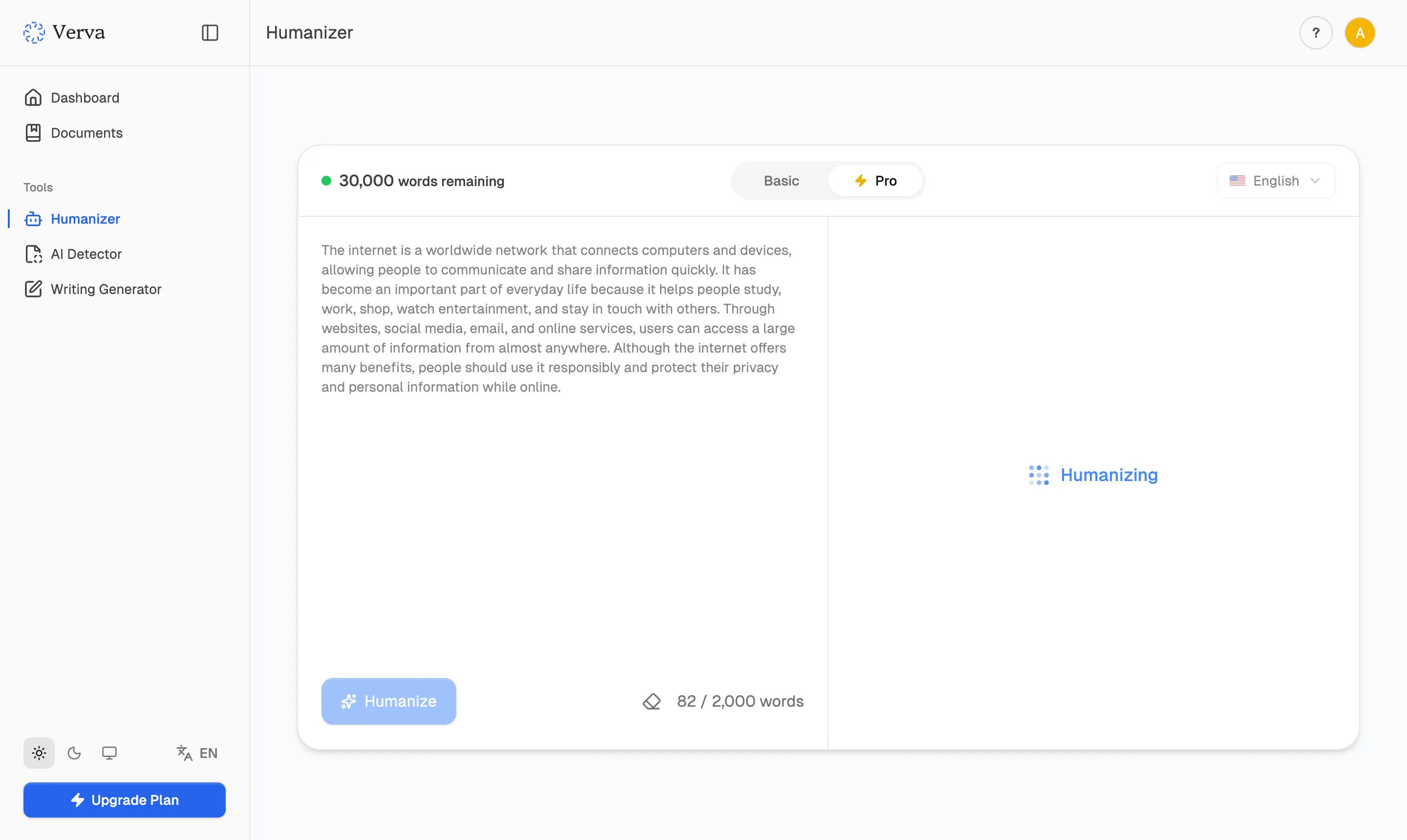 Verva Humanizer with input text on the left and an output panel showing humanization in progress on the right.